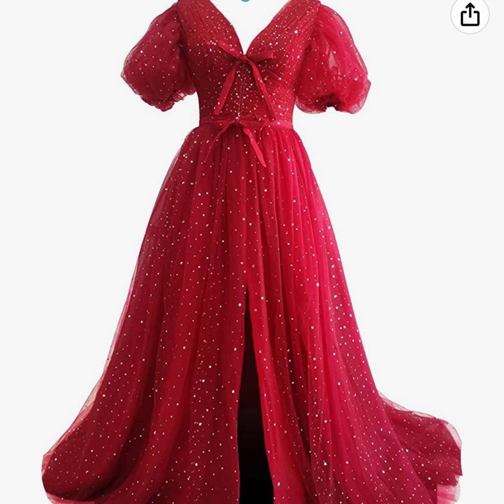 Sparkle Starry Tulle Puffy Sleeve Prom Dresses Formal Evening Gowns with Split